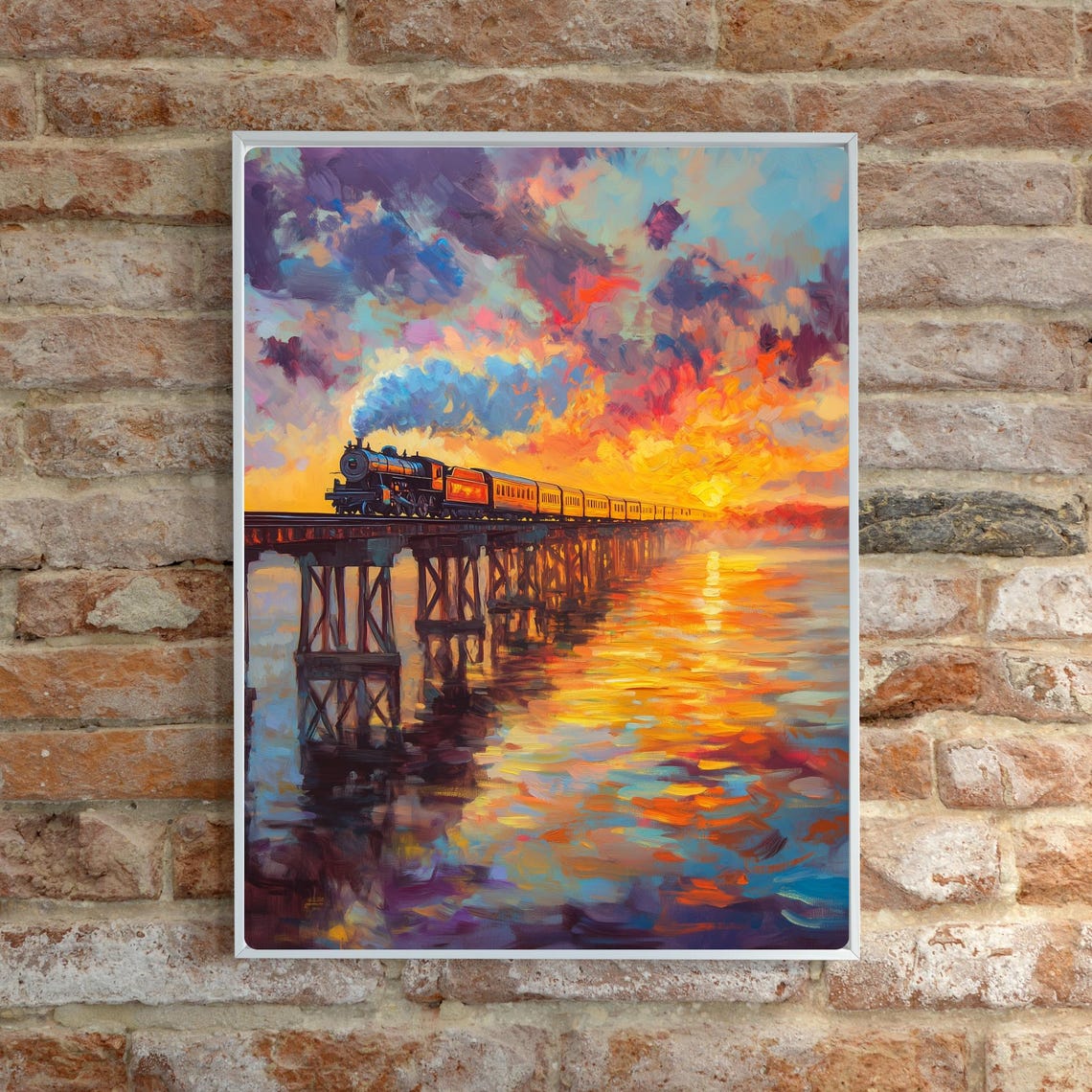 Steam Train Crossing Bridge at Sunset Over Reflecting Water Poster - Image 6