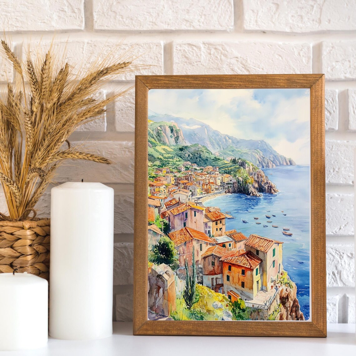 Italian Coastal Fishing Village Cliffside Aerial Watercolor Poster - Image 2