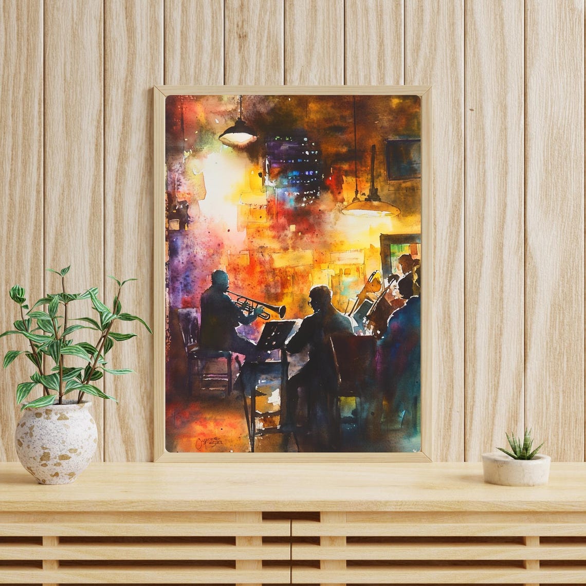 New Orleans Jazz Club Musicians in a Watercolor Night Scene Poster - Image 4