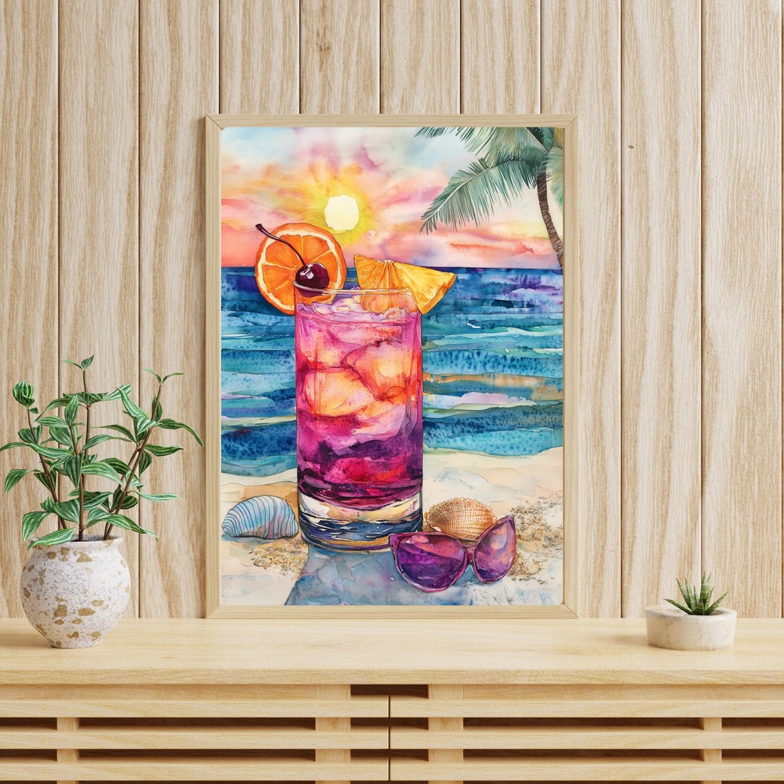 Pink Tropical Cocktail with Orange on a Beach at Sunset Poster - Image 2