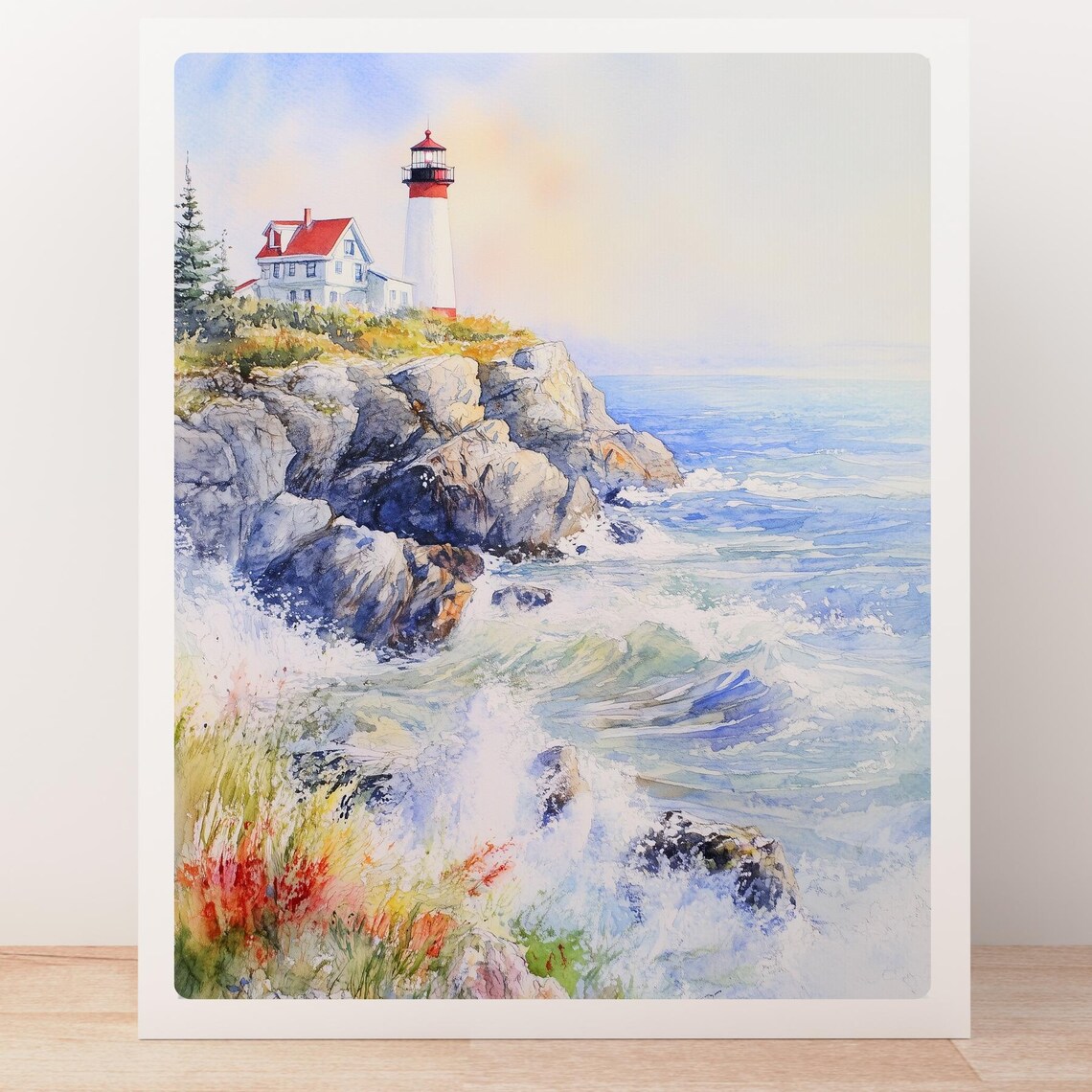 Maine Lighthouse Waves Crashing Rocky Coast Watercolor Poster - Image 5