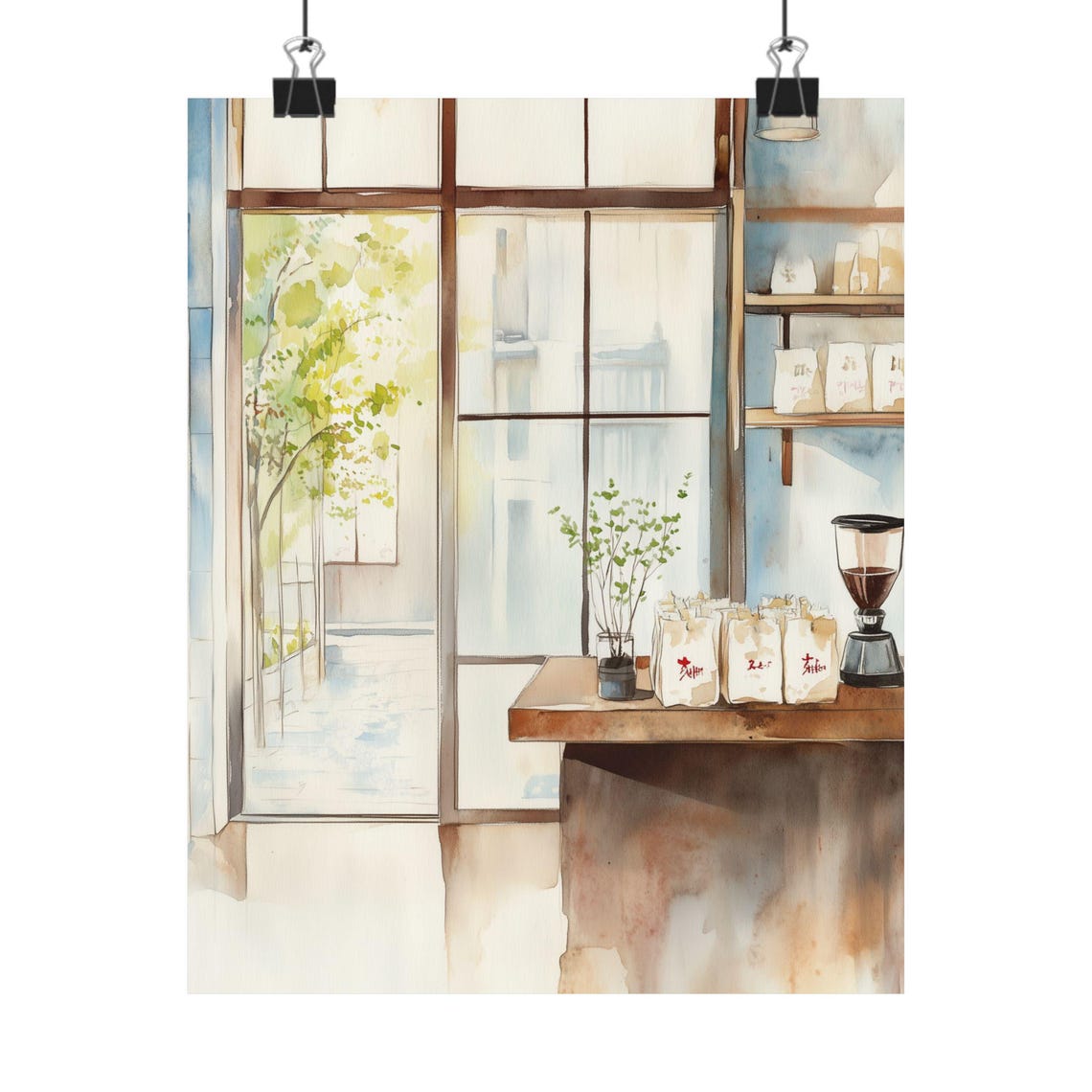 Minimalist Kyoto Coffee Roastery Interior in Morning Light Poster