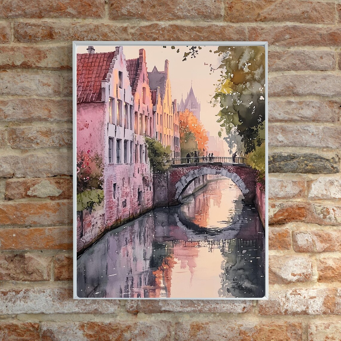 Bruges Belgium Dawn Canal Medieval Bridge Row Houses Watercolor Poster - Image 4