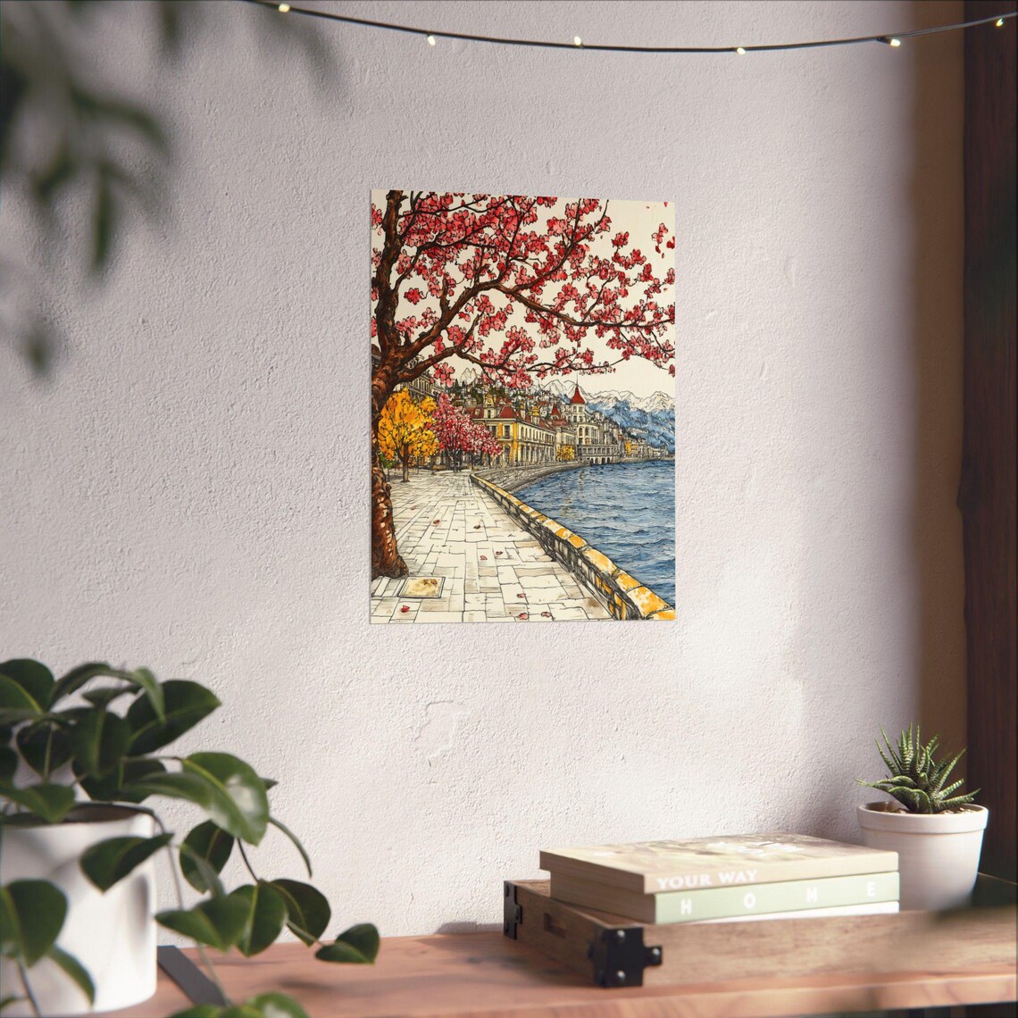 Lake Geneva Cherry Blossoms Promenade Montreux Ink Watercolor Poster - Image 2