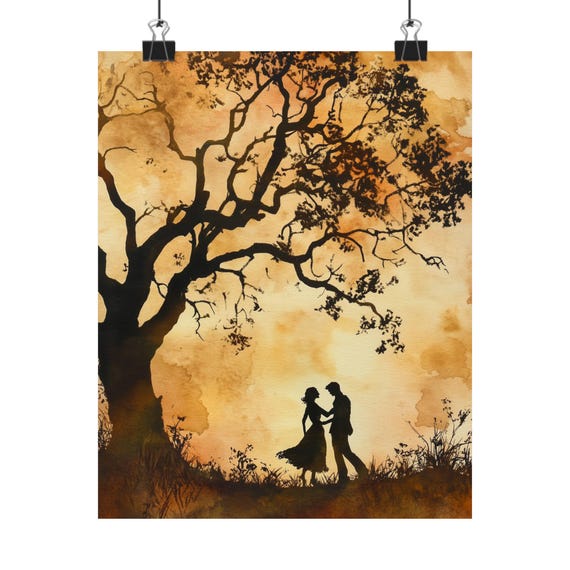 Silhouette Couple Art Tree Scene Painting Romantic Wall Decor Sunset Watercolor Print Couple Under Tree Art Earth Toned Art