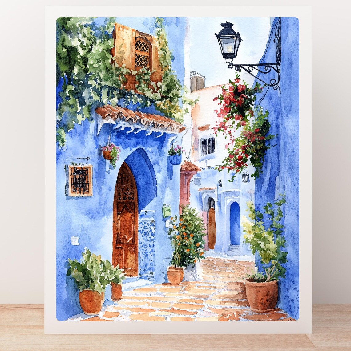 Chefchaouen Morocco Blue Street with Flowers Watercolor Poster - Image 5