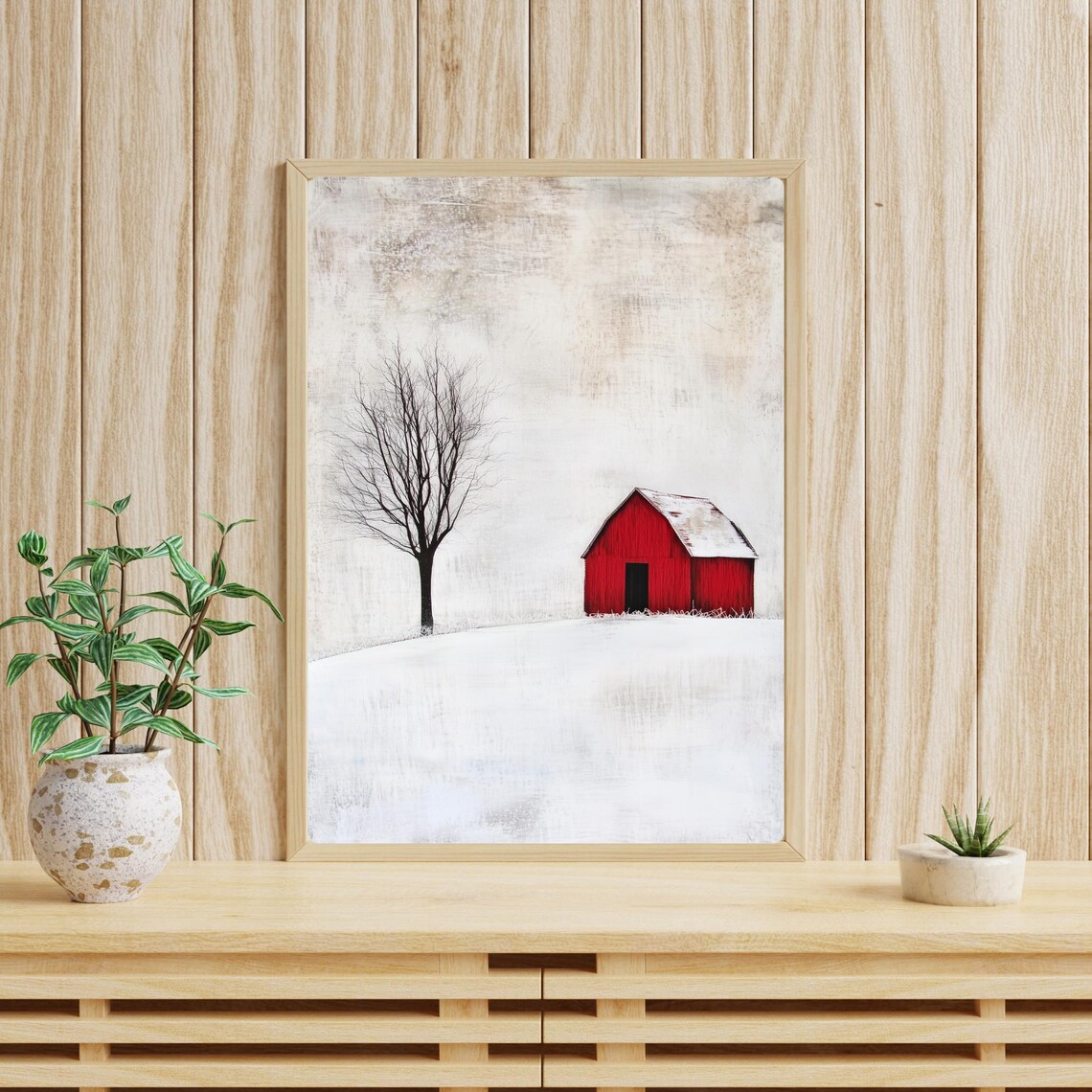 Red Barn in Snow with Lone Bare Tree Minimalist Winter Art Print - Image 4
