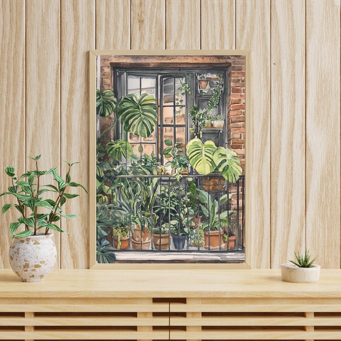 Potted Monstera Plants on a Brick Balcony Window Scene Poster - Image 5