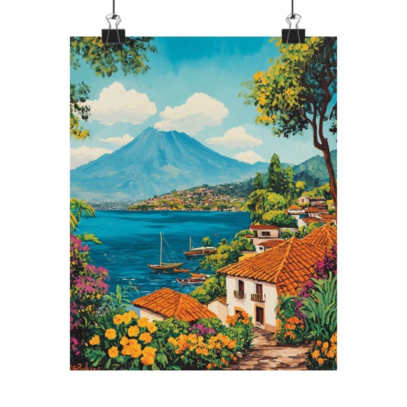 Lake Atitln Gouache Vertical Poster Guatemala Art Print Volcano Landscape Wall Art Mayan Village Decor Lake Atitln Painting