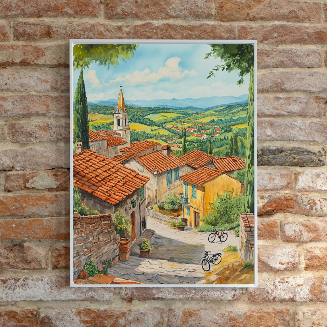 Tuscany Village Bell Tower Bicycles Cypress Trees Italy Poster - Image 6