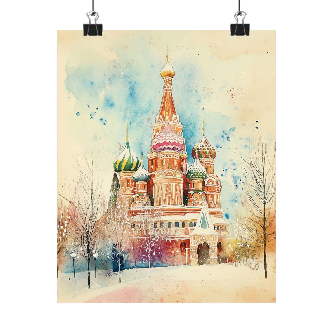St Basils Cathedral Moscow Winter Snow Onion Dome Watercolor Poster