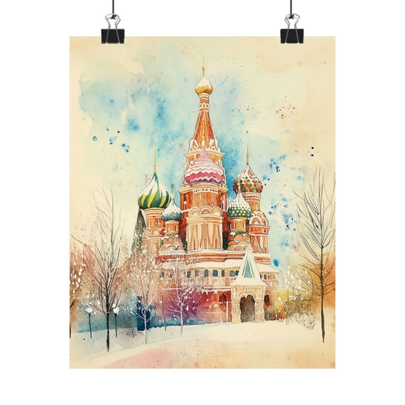 St Basils Cathedral Moscow Winter Snow Onion Dome Watercolor Poster