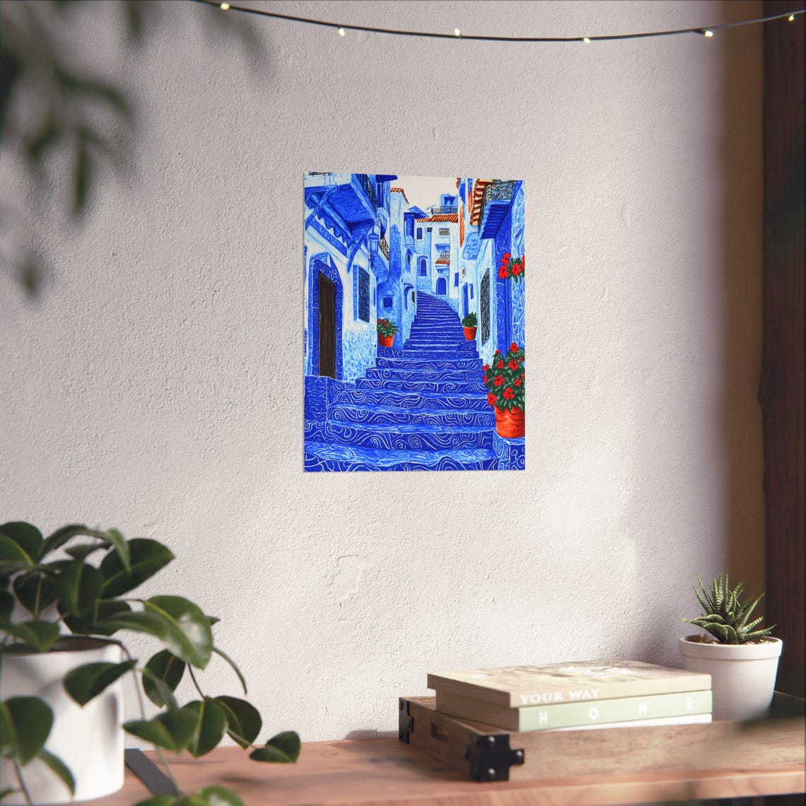 Chefchaouen Morocco Blue Painted Steps with Red Flowers Poster - Image 3