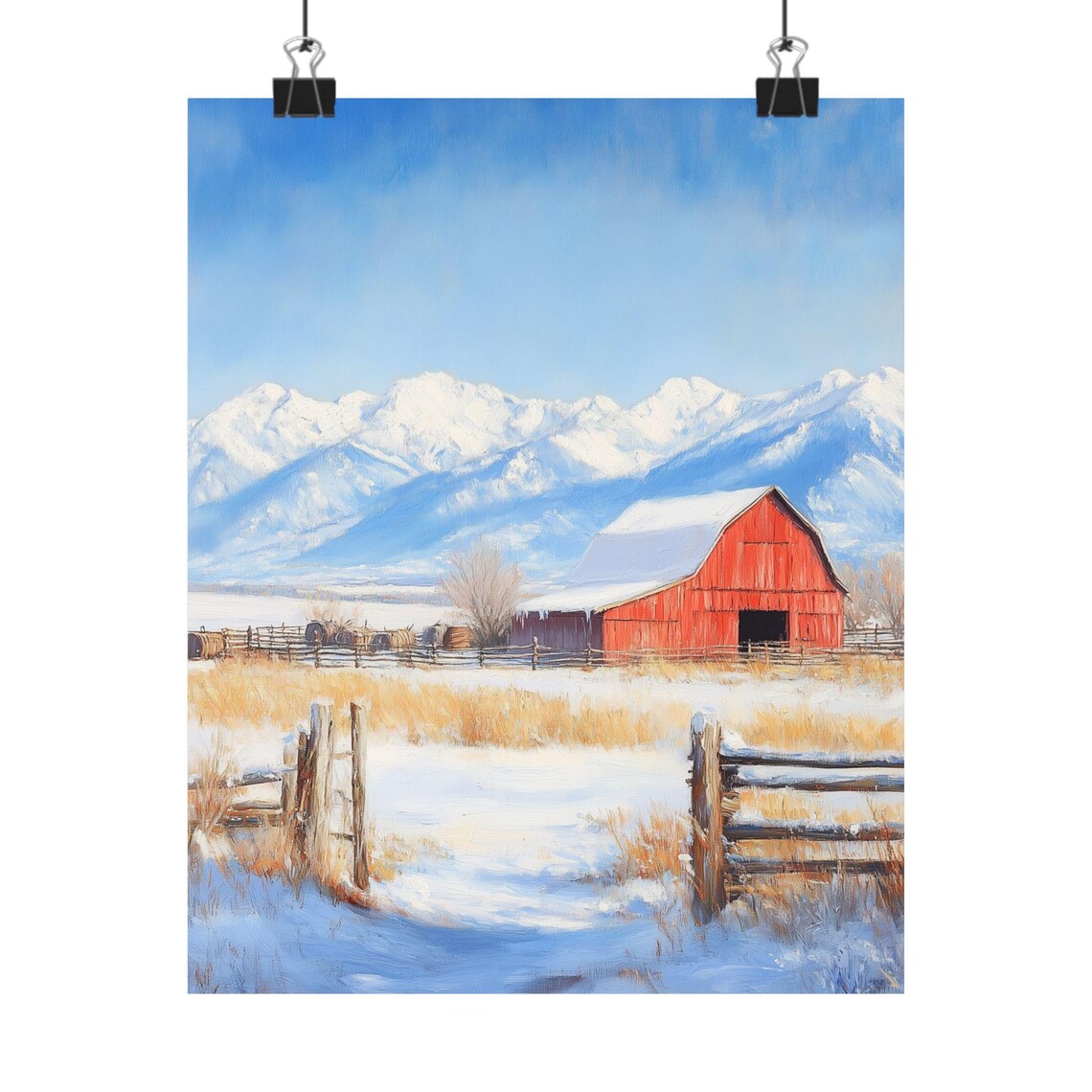 Red Barn in Winter Snow Snowcapped Mountains Wooden Fences Poster