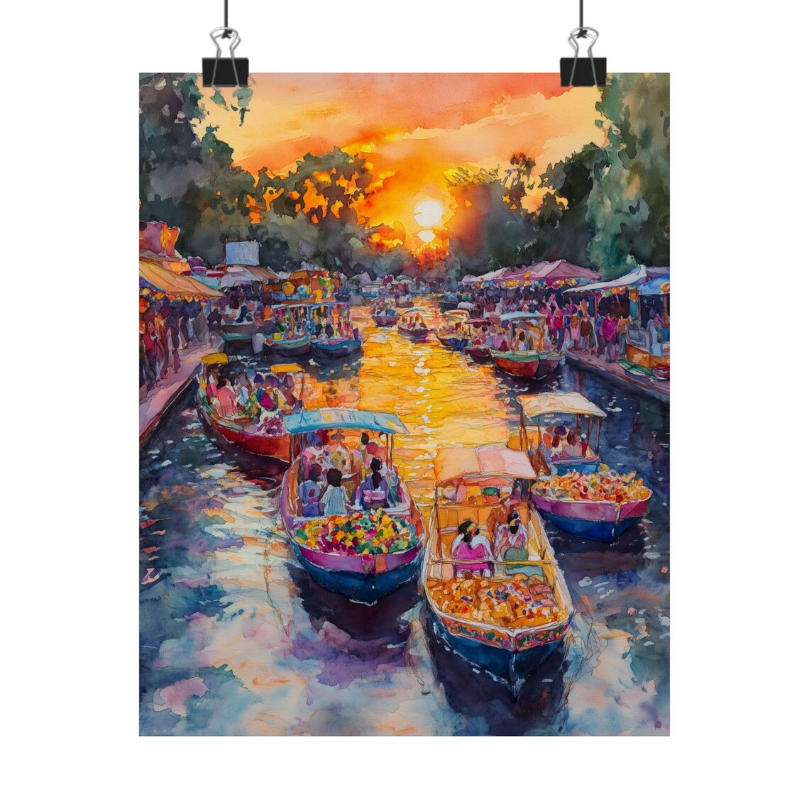 Trajineras Full of Flowers on the Xochimilco Canals at Sunset Poster