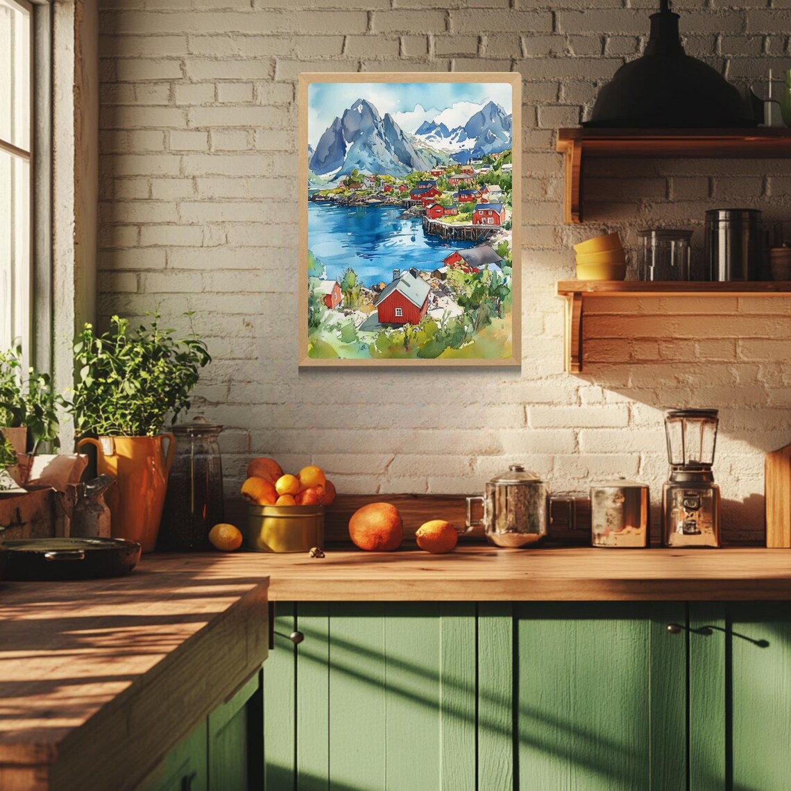 Reine Norway Lofoten Islands Red Cabins Fjord Watercolor Poster - Image 3