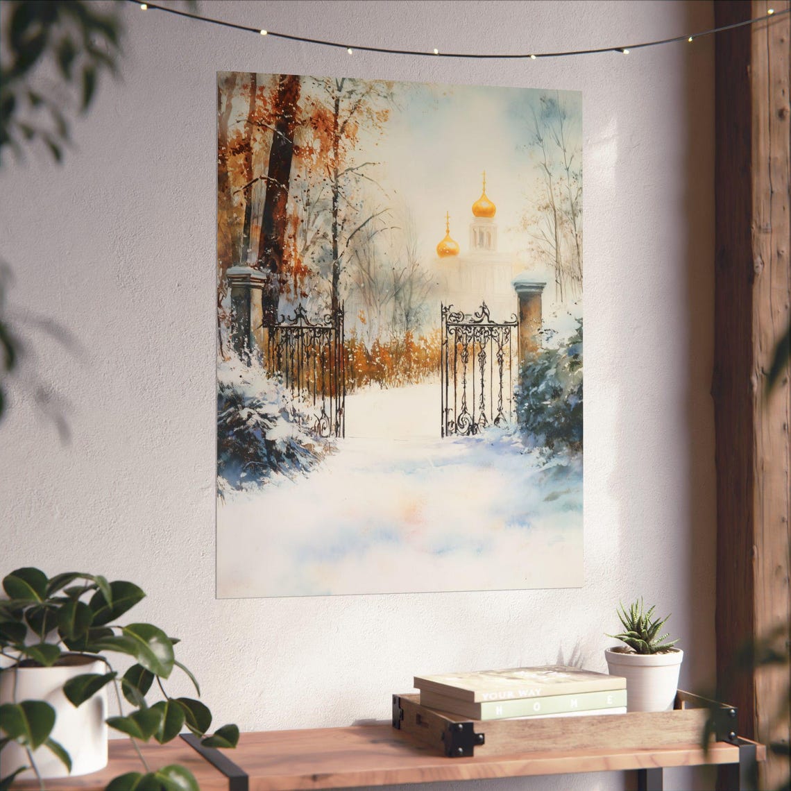 Russian Winter Palace Art Snowy Garden Scene Painting Golden Domes Print Ornate Iron Gates Wall Decor Eastern Orthodox Art - Image 6