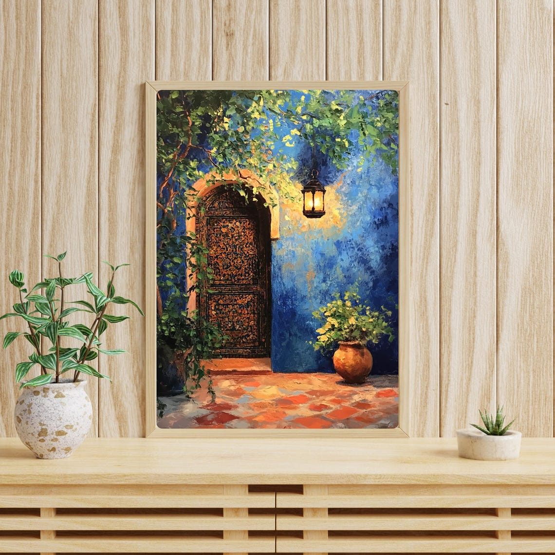Moroccan Courtyard Night Blue Wall Carved Door Lantern Glow Poster - Image 4