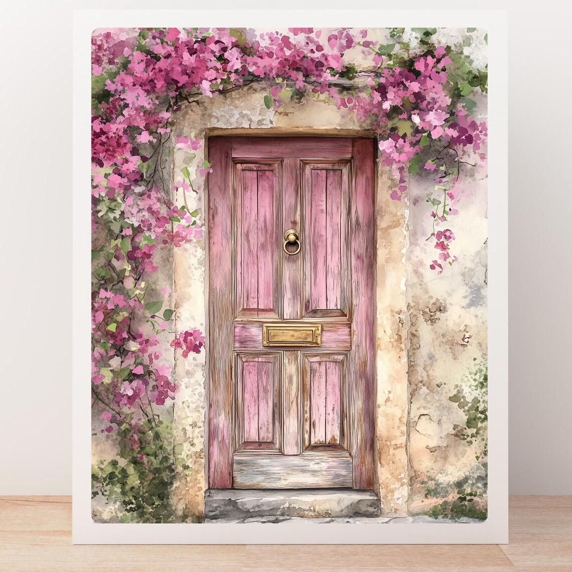 Pink Door Watercolor Art Print, Rustic European Doorway - Image 2