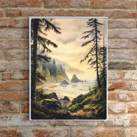 Coastal Sunset Beach Scene Art Moody Misty Beach Wall Art Print Sitka Spruce Trees Artwork Ocean And Rocks Print Nature Landscape