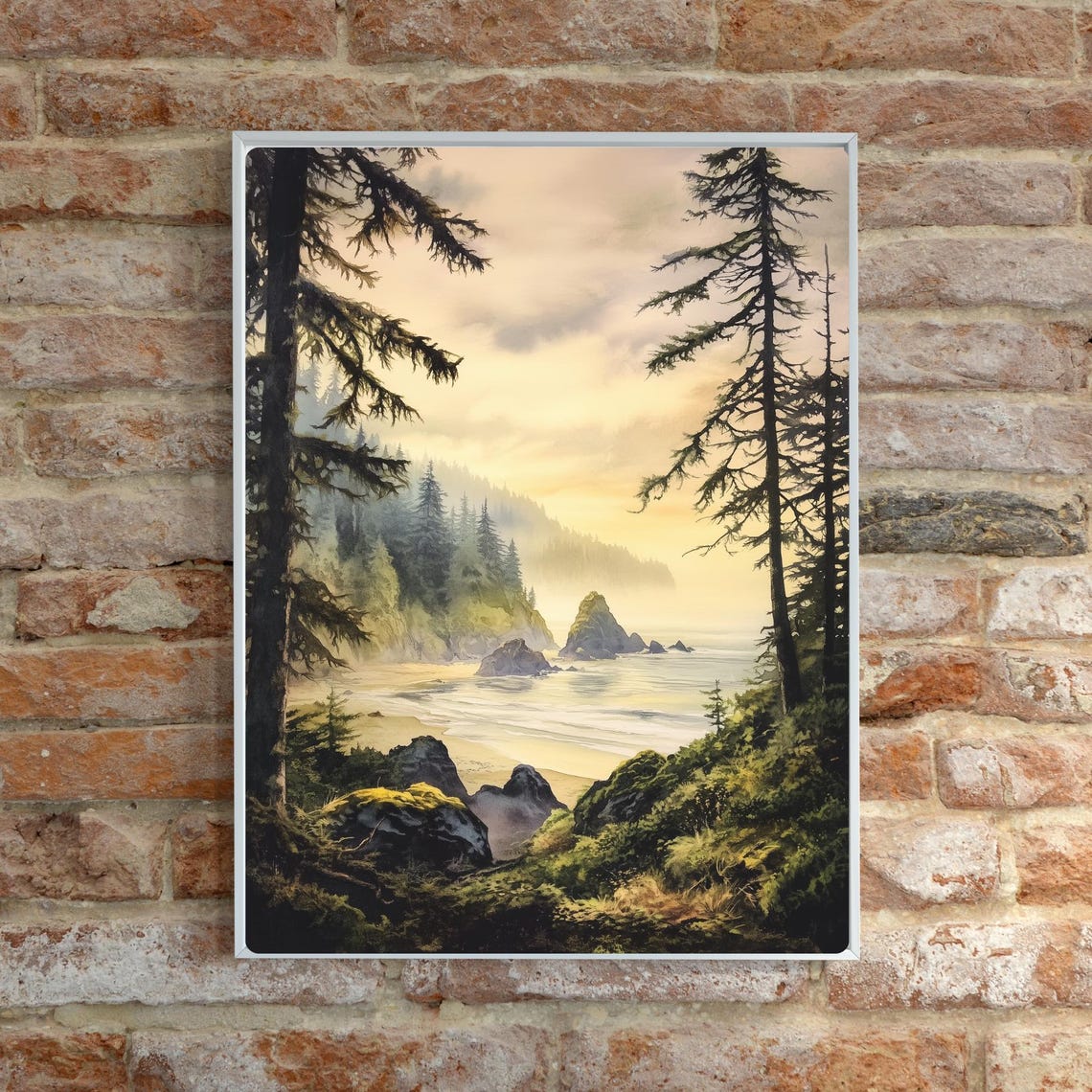 Misty Pacific Coast Beach Sunset Pine Forest Sea Stacks Print