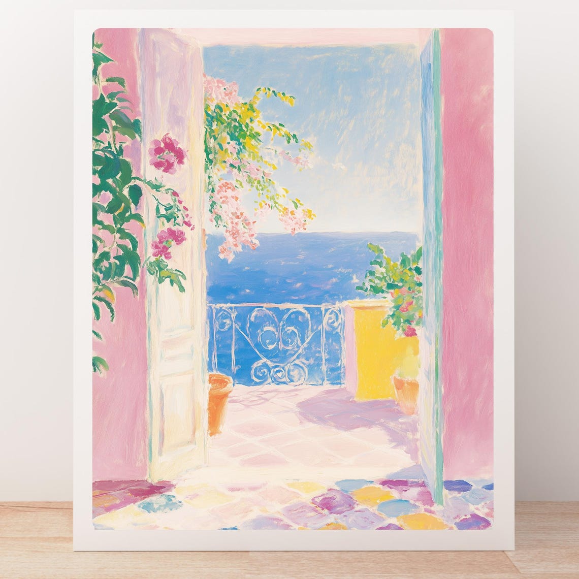 Pink Mediterranean Balcony Overlooking Sea Bougainvillea Poster - Image 5