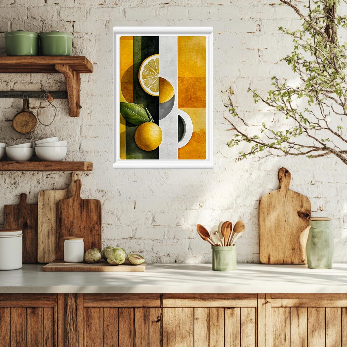 Abstract Lemon Art Print Geometric Citrus Painting Modern Kitchen Decor Yellow And Green Wall Art Contemporary Fruit Artwork - Image 3