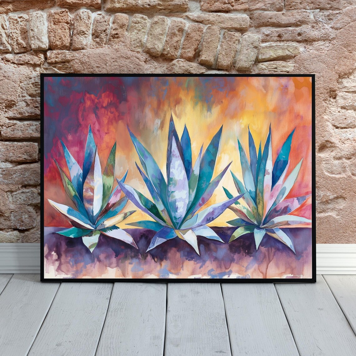 Three Agaves Vivid Desert Sunset Dramatic Watercolor Botanical Poster - Image 5