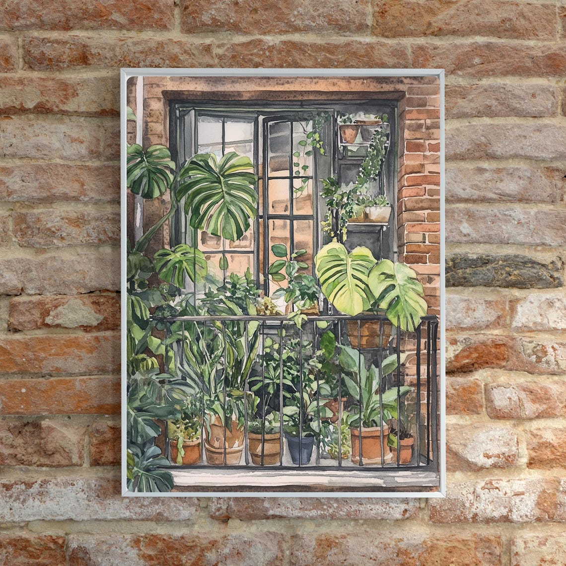 Potted Monstera Plants on a Brick Balcony Window Scene Poster - Image 6