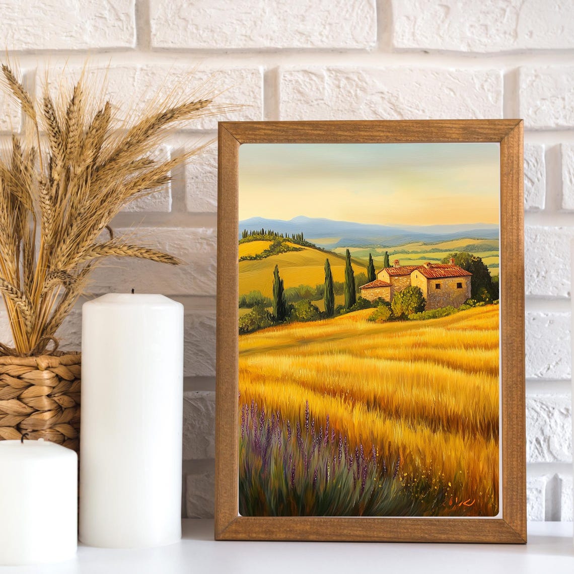 Tuscan Stone Farmhouse Among Golden Wheat Fields at Dusk Poster - Image 3