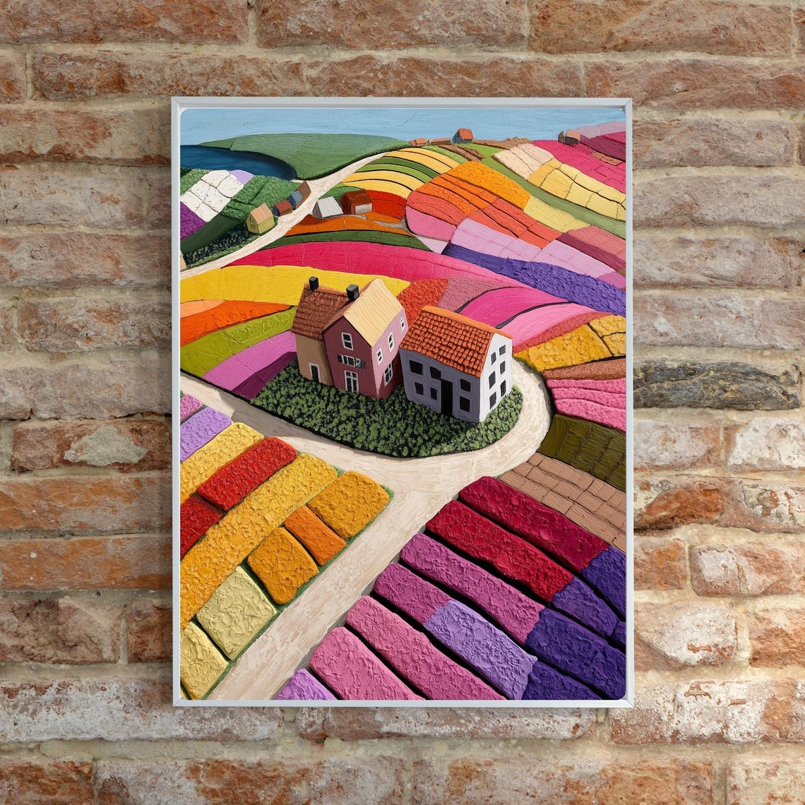 Whimsical Striped Tulip Fields with Farmhouses from Above Poster - Image 6