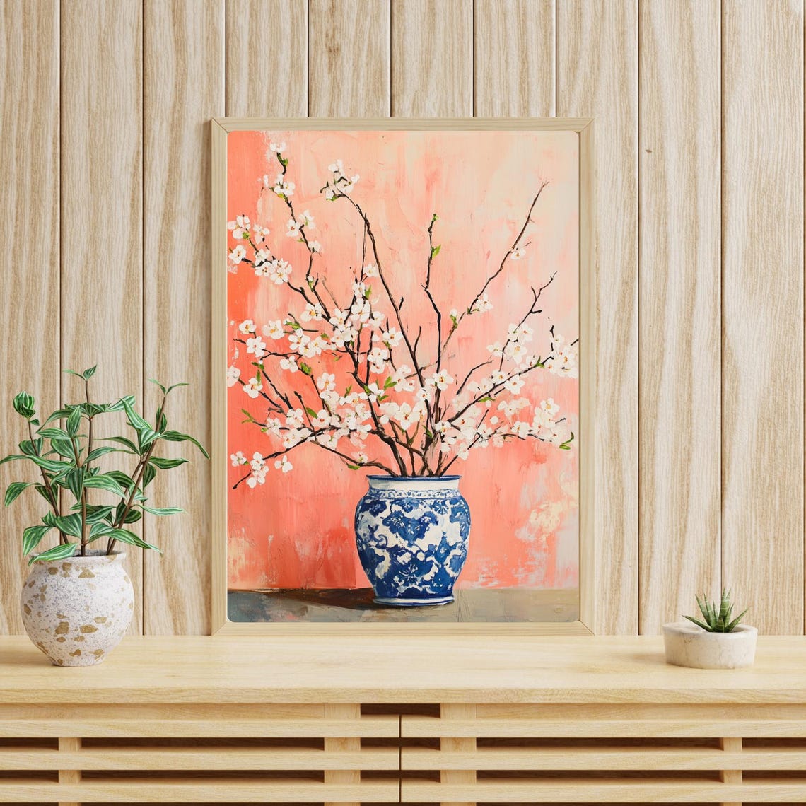 Cherry Blossom Branches in a Blue Porcelain Vase on Coral Print - Image 4