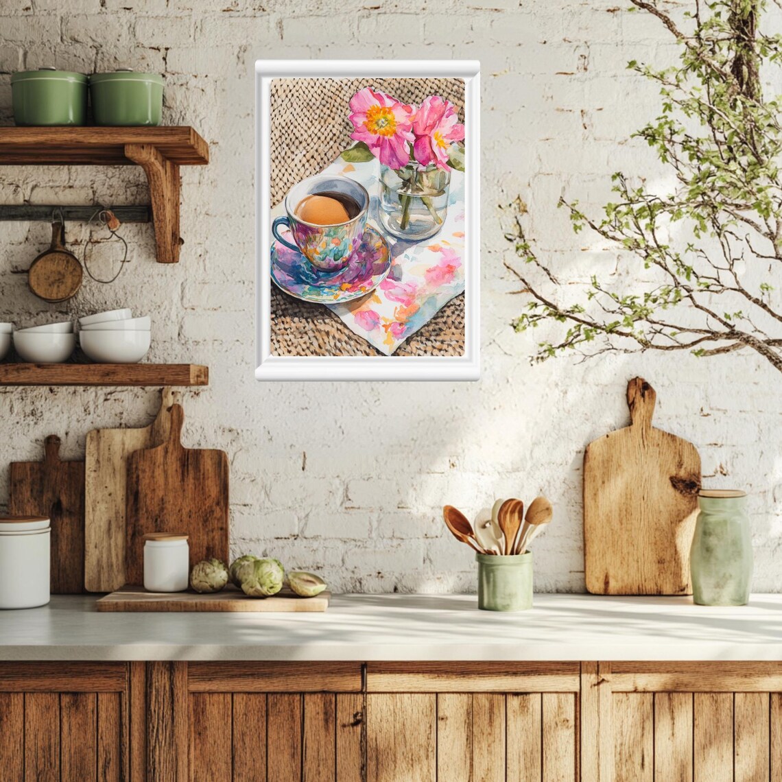 Floral Teacup Pink Cosmos Flowers Bright Watercolor Breakfast Poster - Image 3