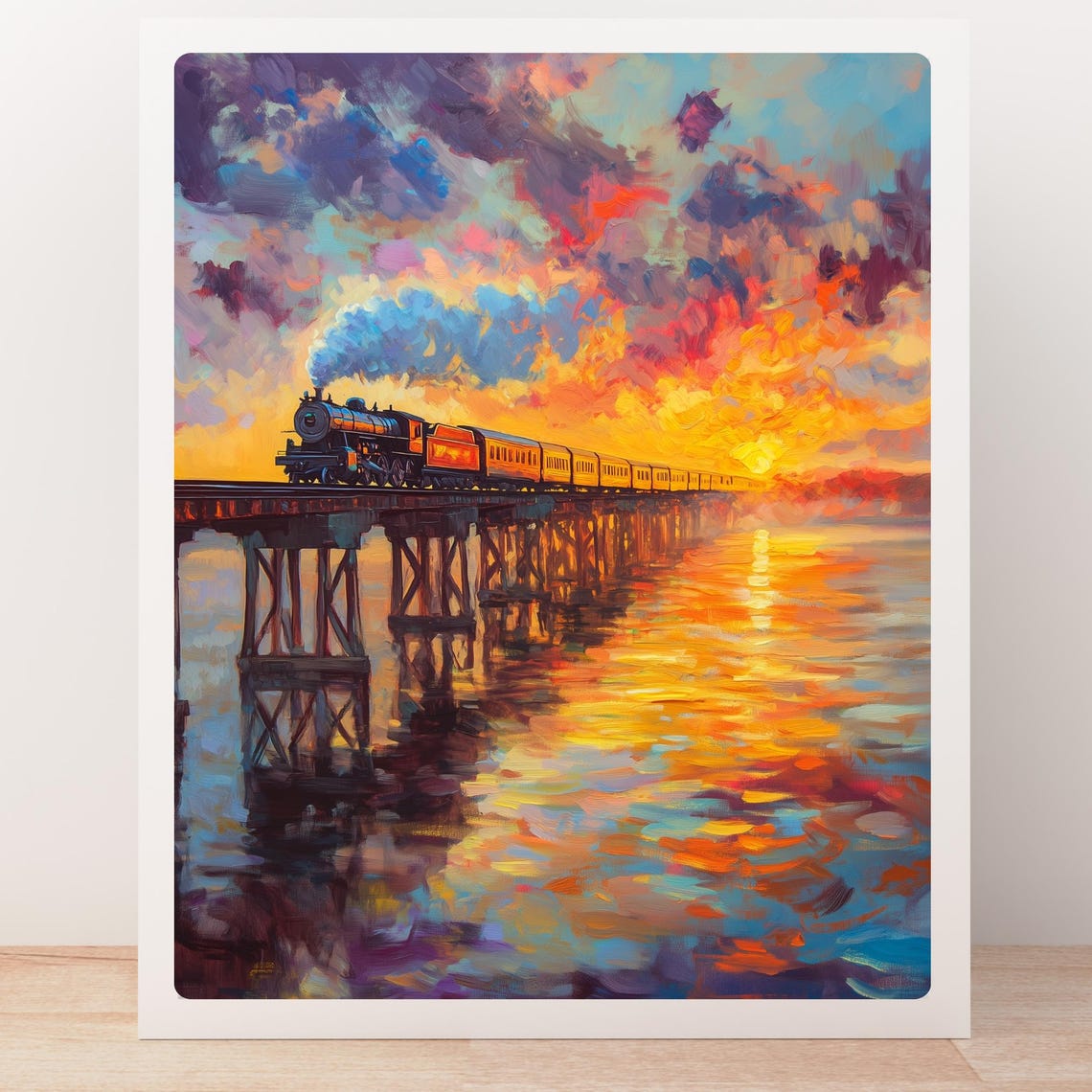 Steam Train Crossing Bridge at Sunset Over Reflecting Water Poster - Image 5