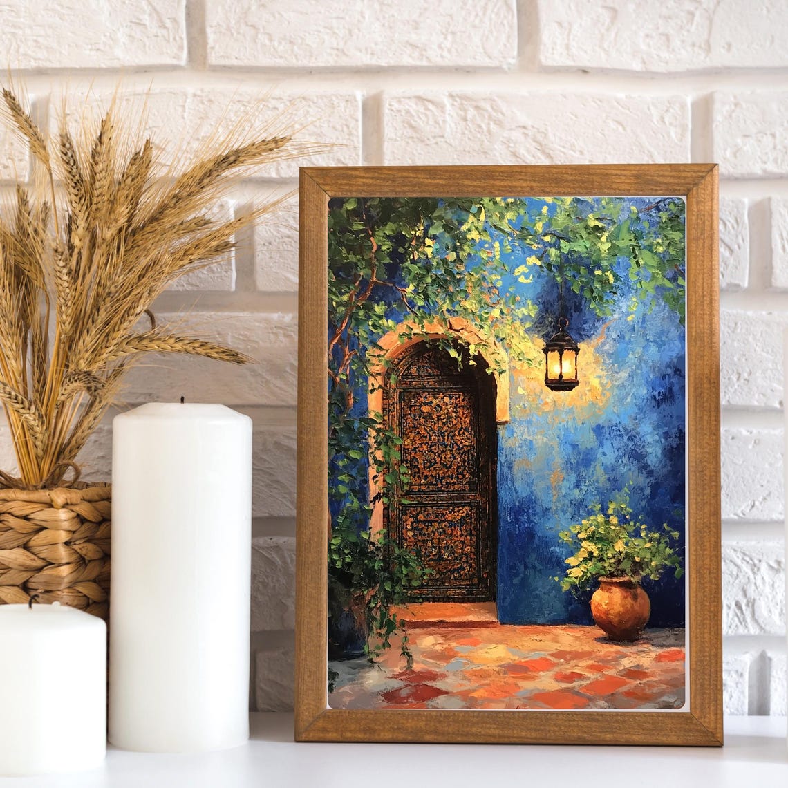 Moroccan Courtyard Night Blue Wall Carved Door Lantern Glow Poster - Image 2