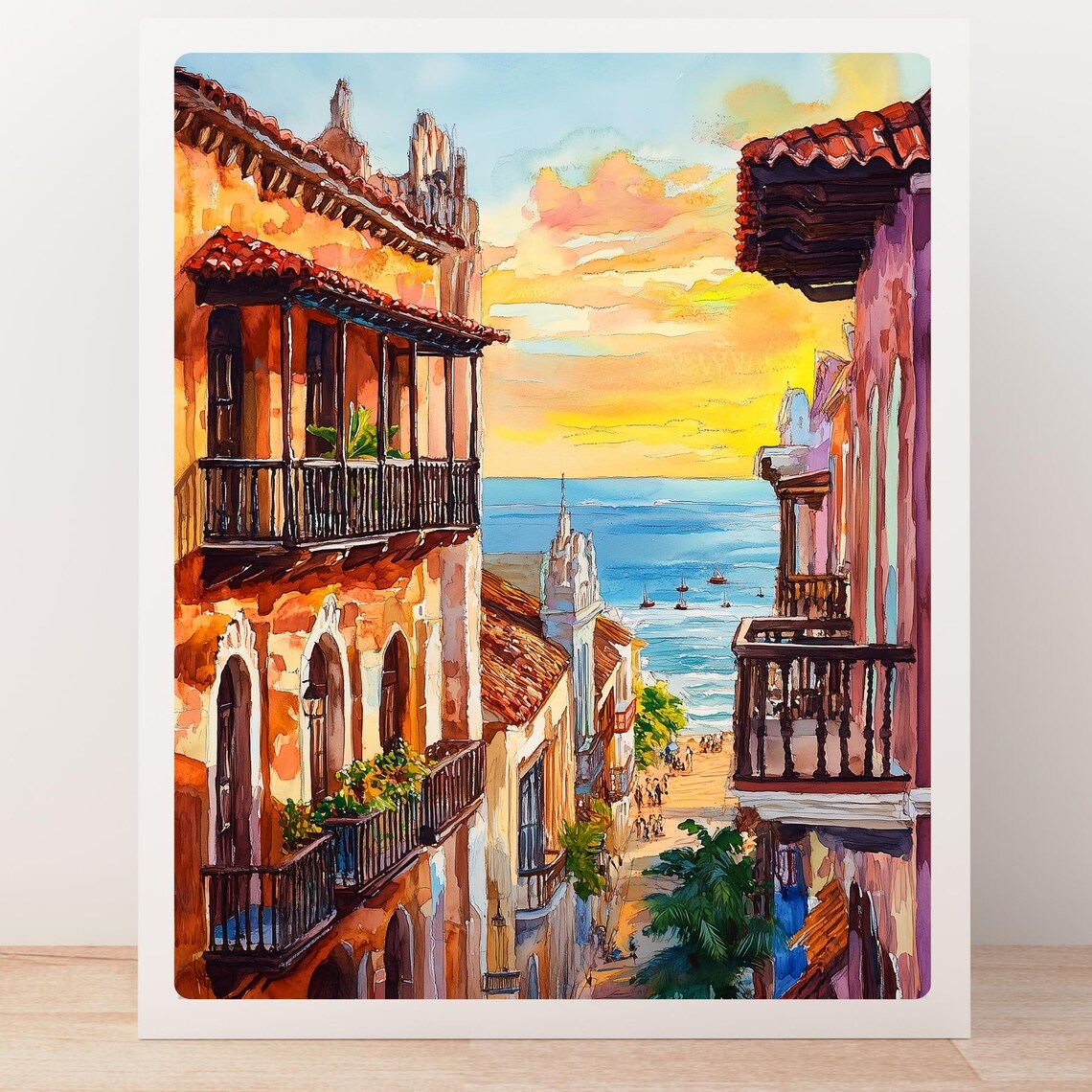 Colonial Street Leading to the Sea in Cartagena at Sunset Poster - Image 5