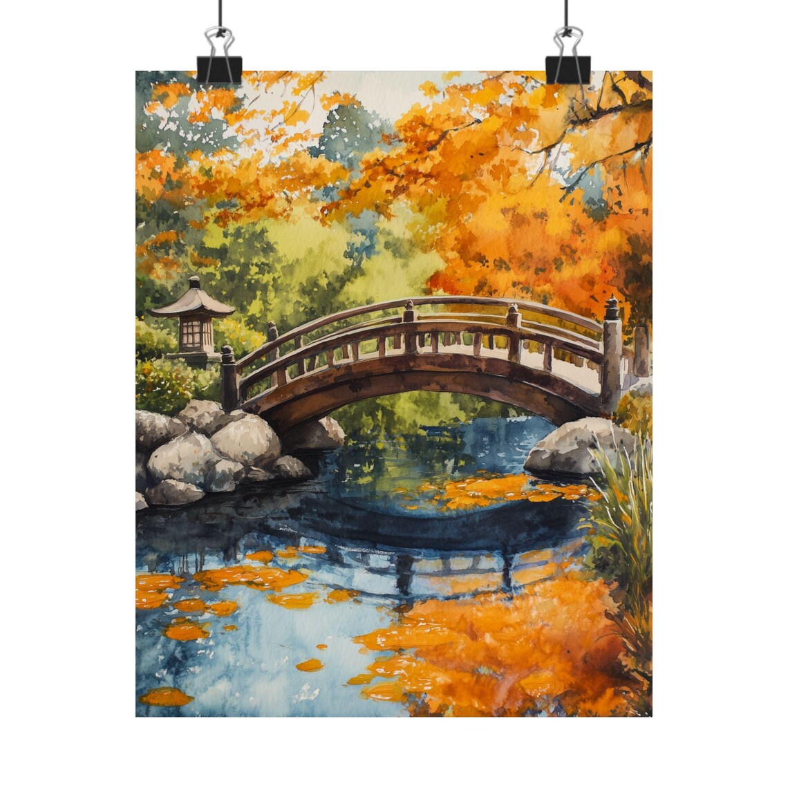 Japanese Garden Autumn Bridge Stone Lantern Maple Pond Poster