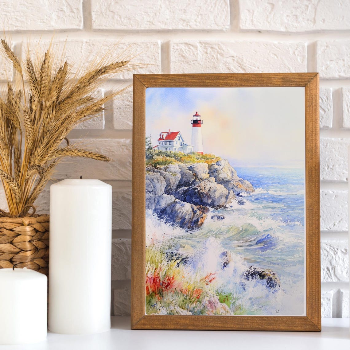 Maine Lighthouse Seascape Art Print Waves Crashing Coastal Painting Rocky Coast Watercolor New England Wall Decor - Image 3