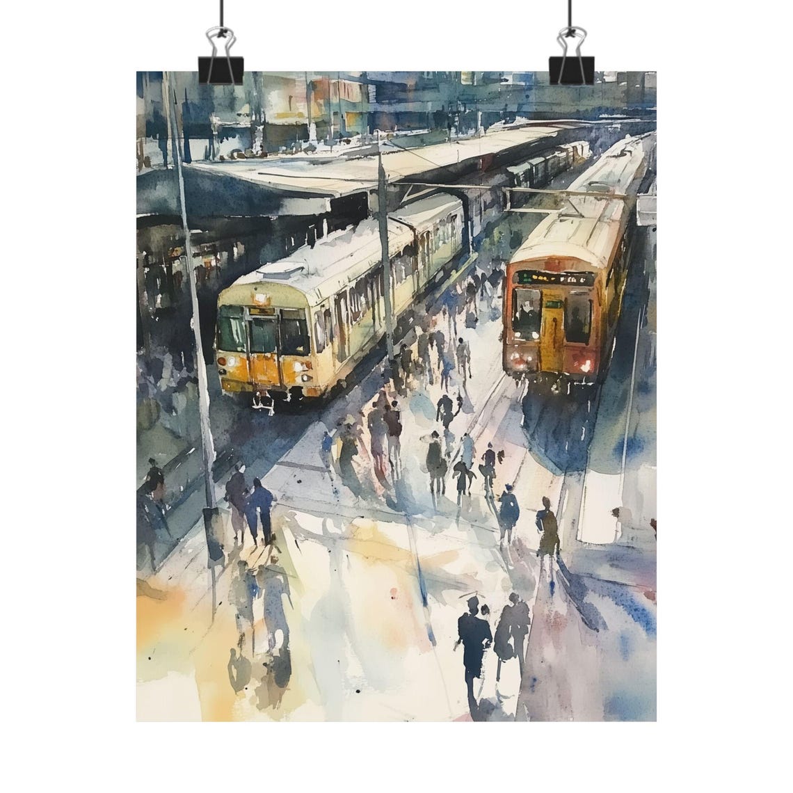 Busy European Train Station Commuter Watercolor Urban Scene Poster
