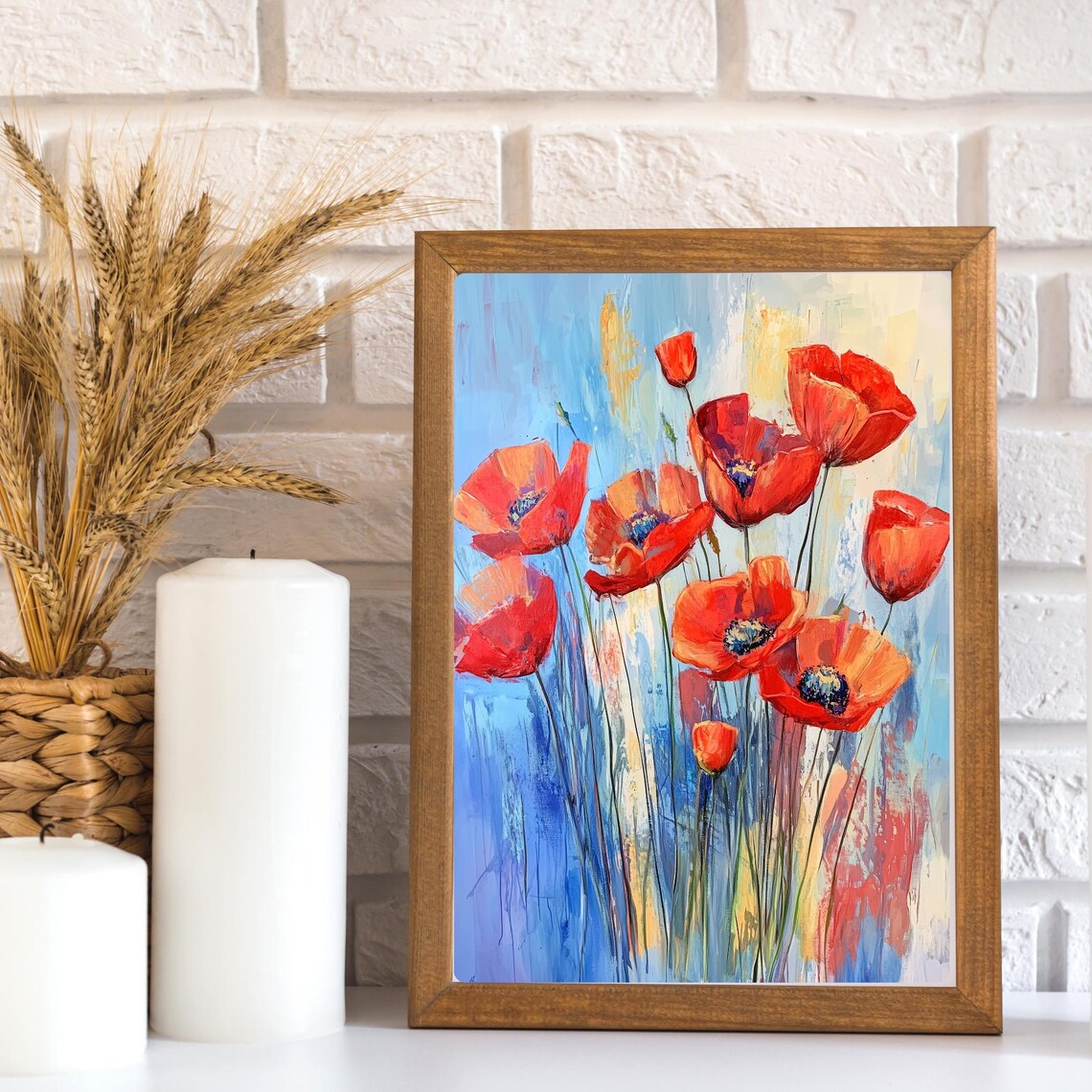 Red Poppy Watercolor Art Print, Blue Sky Modern Flower - Image 2