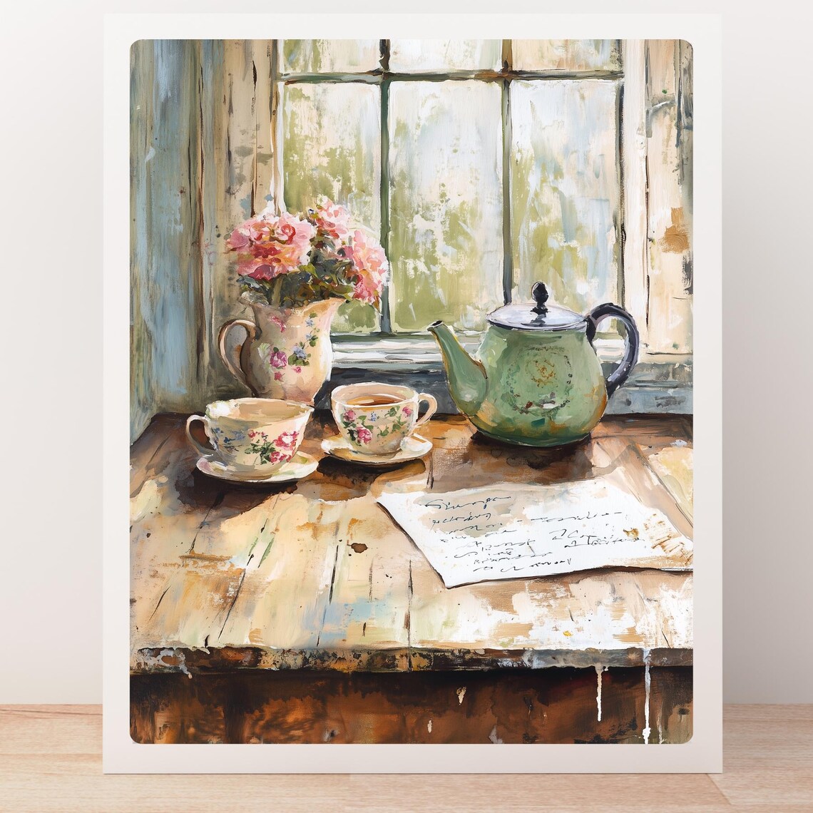Vintage Tea Set by Window Floral Teapot Cottage Still Life Poster - Image 5