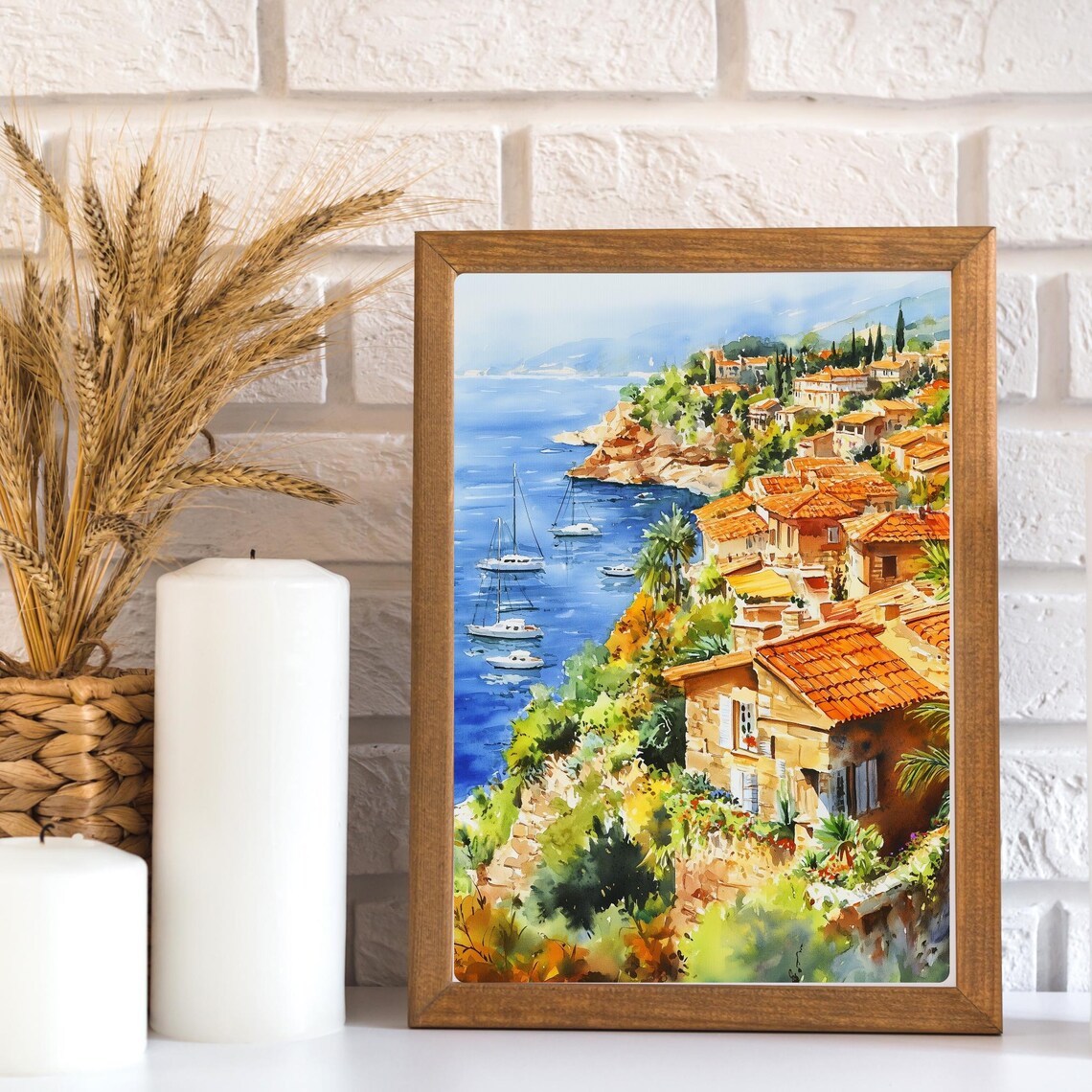 French Riviera Coastal Village with Sailboats Watercolor Poster - Image 2