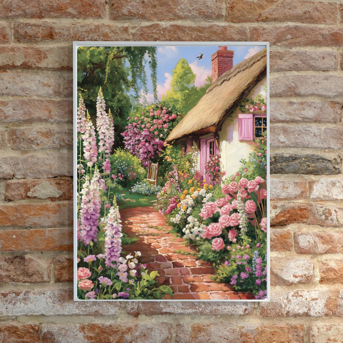 Thatched Cottage Brick Path Foxgloves Roses Country Garden Print - Image 2
