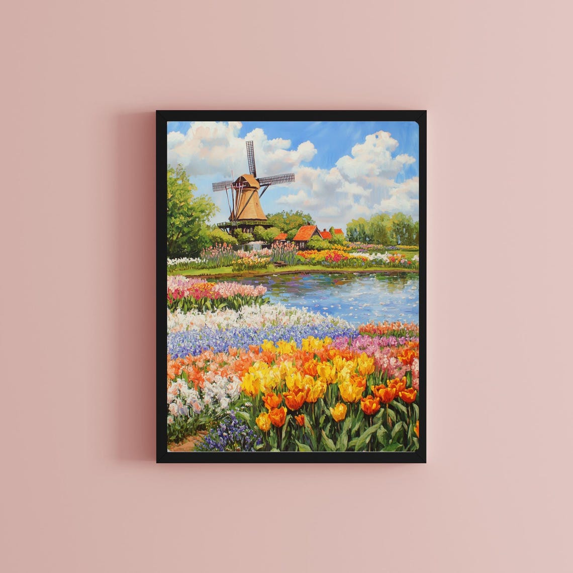 Keukenhof Dutch Windmill Over Tulip Fields by the River Poster - Image 2