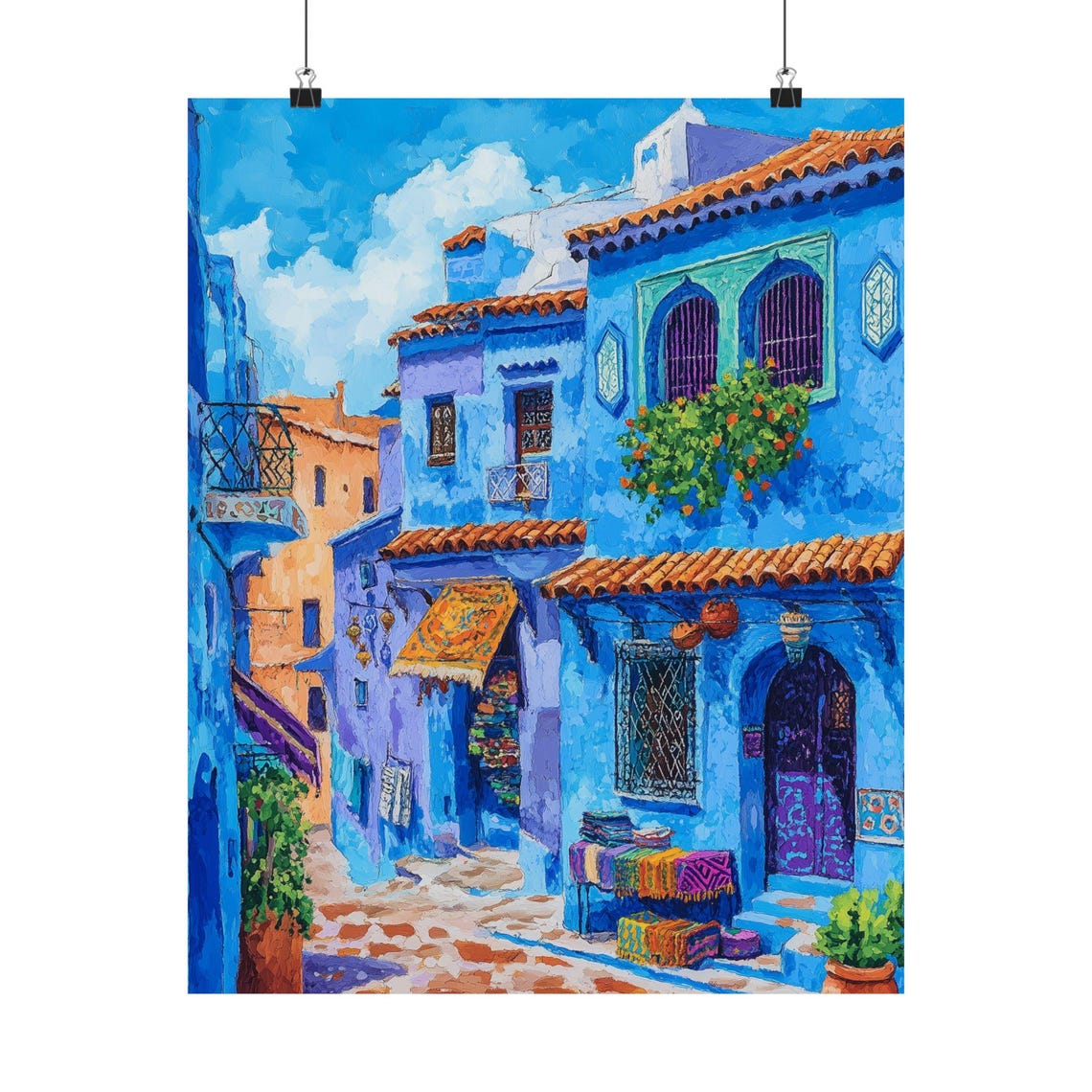 Chefchaouen Blue City Print Morocco Street Art Mediterranean Architecture Cobblestone Alley Wall Decor Gouache Style Print