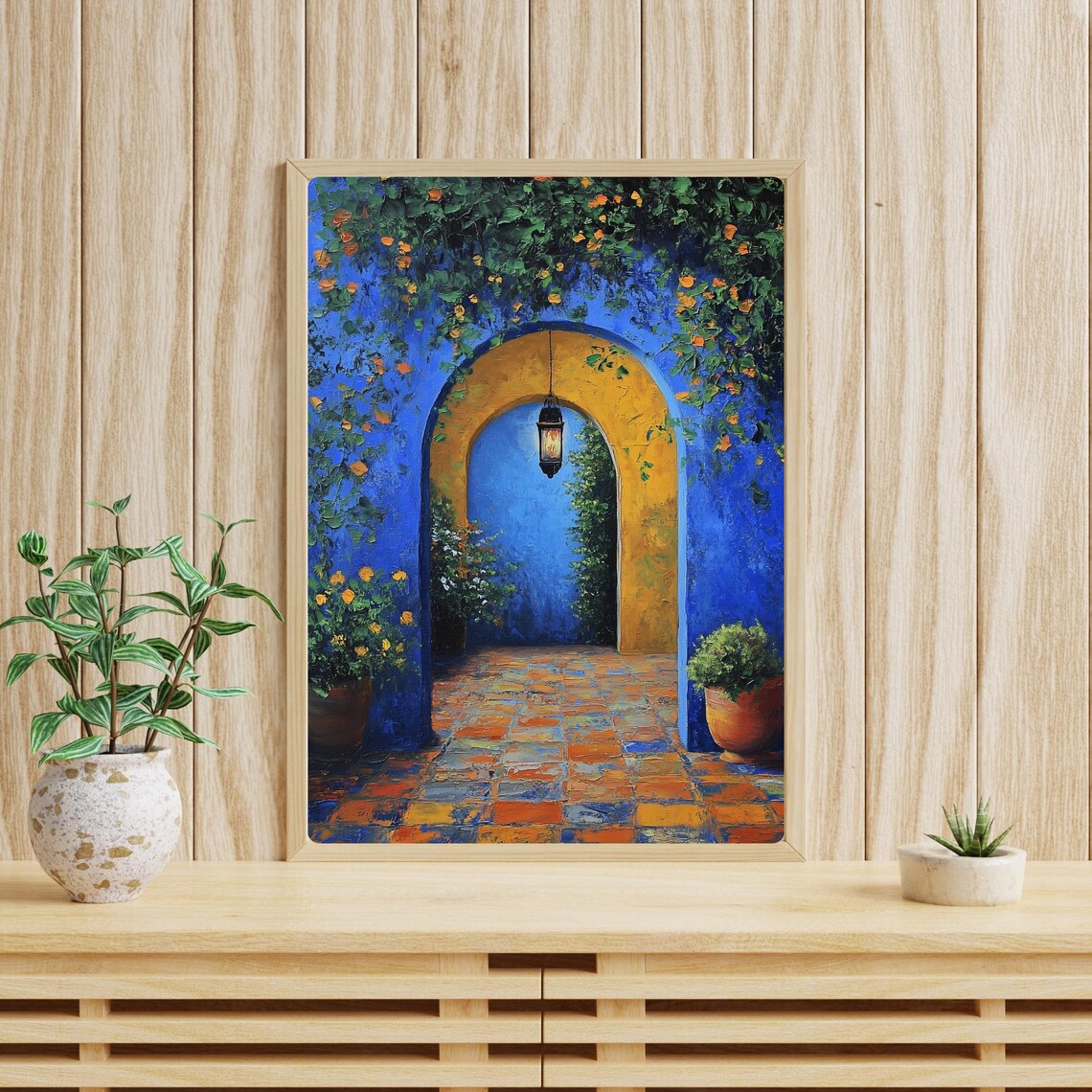 Moroccan Blue Archway Courtyard Lantern Oil Painting Style Print - Image 3