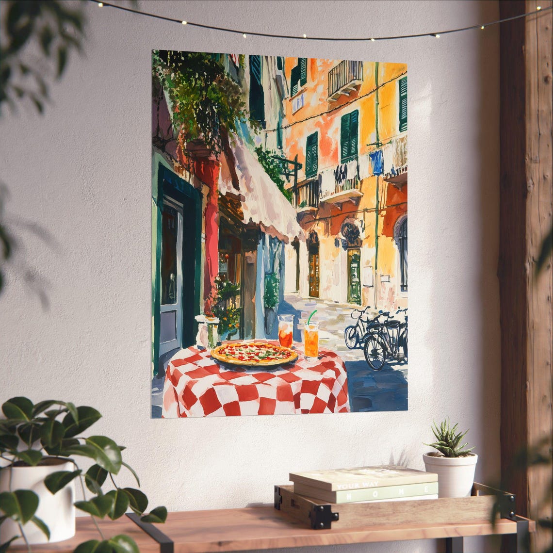 Naples Trattoria Pizza Served on a Checkered Tablecloth Print - Image 3