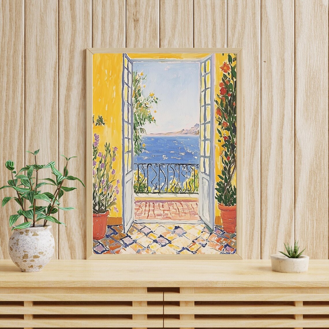 Sunlit Yellow Balcony Doors Opening to the Mediterranean Sea Poster - Image 4