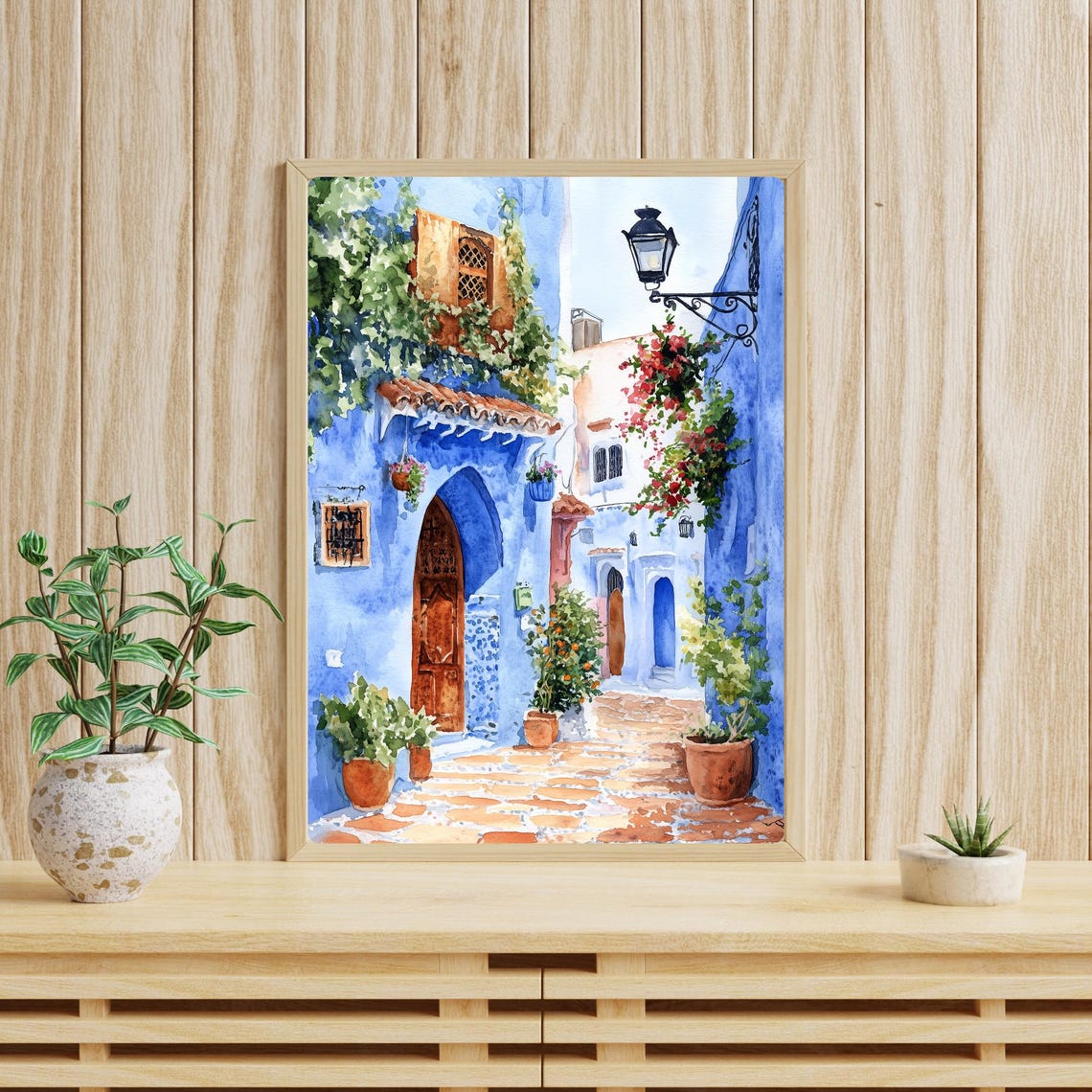 Chefchaouen Morocco Blue Street with Flowers Watercolor Poster - Image 4