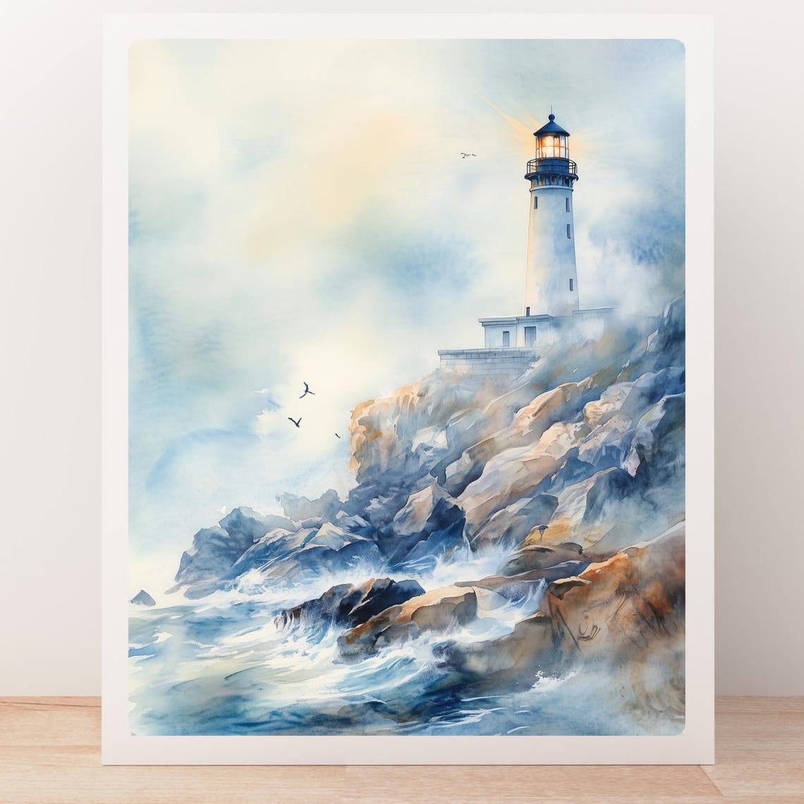 Lighthouse On Rocky Coast Ocean Waves Seagulls Watercolor Poster - Image 5